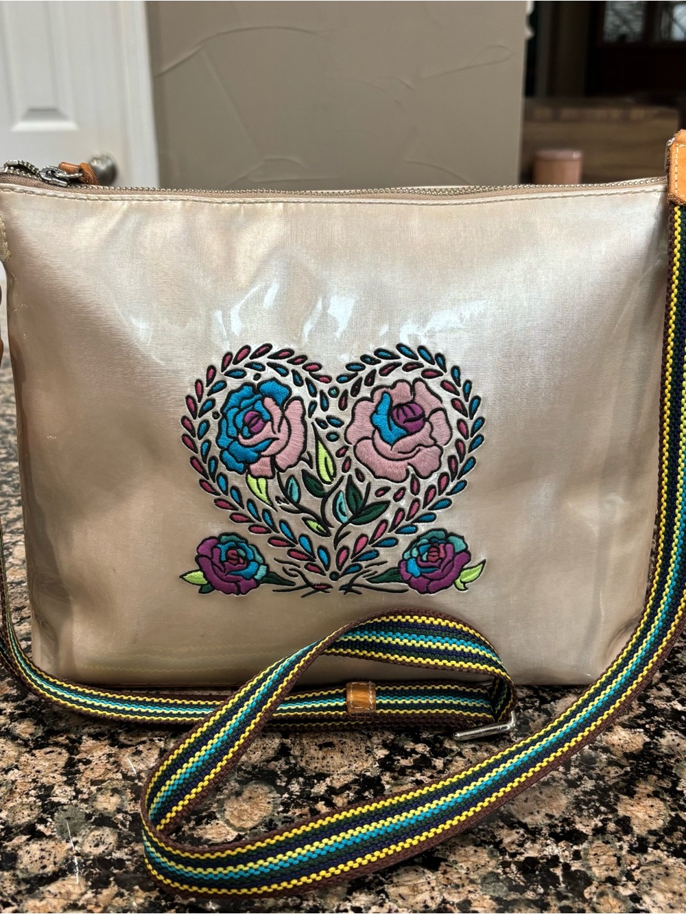 Consuela Char Downtown Crossbody Bag - Embroidered Heart Champagne Patent
